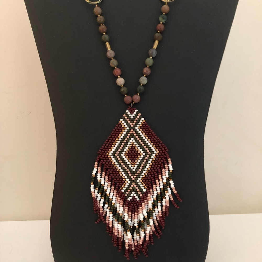 Beaded boho festival necklace with handmade beaded red pendant